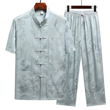 Dragon Pattern Tang Suit Hanfu Traditional Uniform Short Sleeve Top Pants Clothing Men's Set