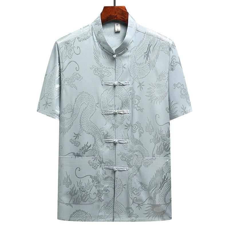 Dragon Pattern Tang Suit Hanfu Traditional Uniform Short Sleeve Top Pants Clothing Men's Set