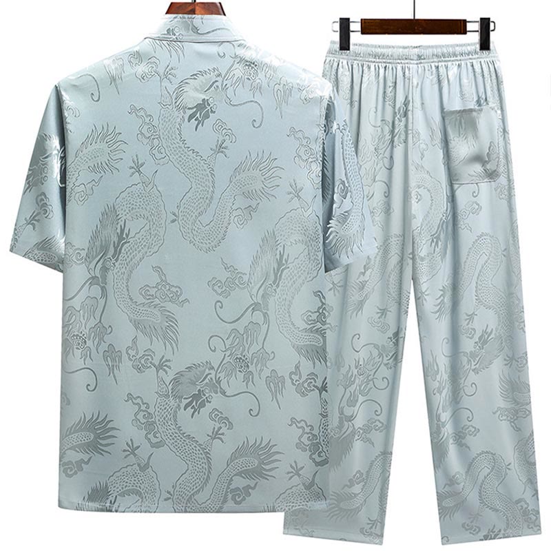 Dragon Pattern Tang Suit Hanfu Traditional Uniform Short Sleeve Top Pants Clothing Men's Set