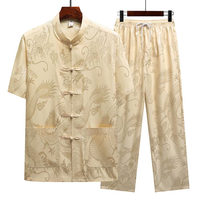 Dragon Pattern Tang Suit Hanfu Traditional Uniform Short Sleeve Top Pants Clothing Men's Set
