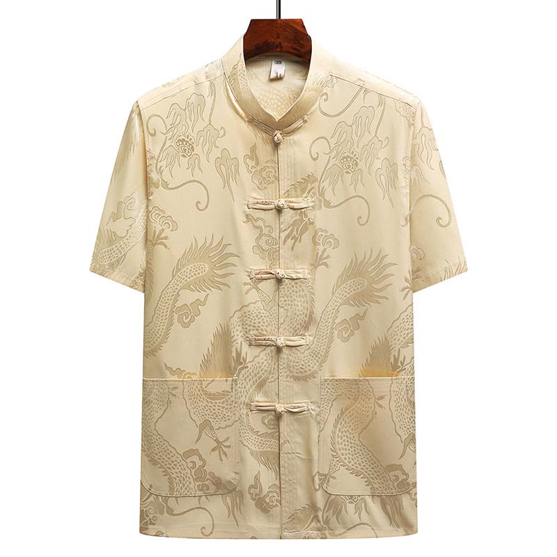 Dragon Pattern Tang Suit Hanfu Traditional Uniform Short Sleeve Top Pants Clothing Men's Set
