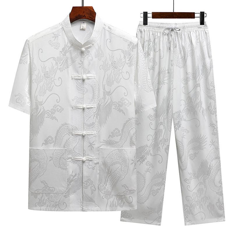 Dragon Pattern Tang Suit Hanfu Traditional Uniform Short Sleeve Top Pants Clothing Men's Set