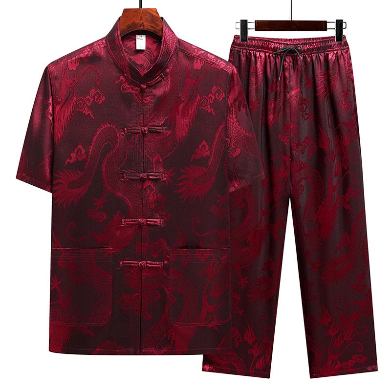 Dragon Pattern Tang Suit Hanfu Traditional Uniform Short Sleeve Top Pants Clothing Men's Set