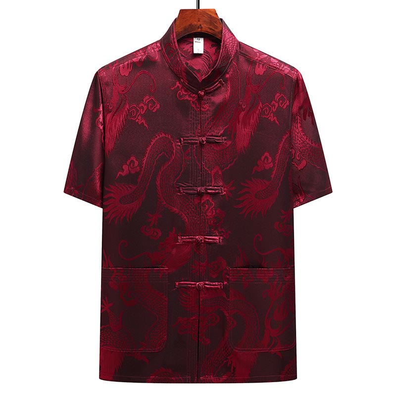 Dragon Pattern Tang Suit Hanfu Traditional Uniform Short Sleeve Top Pants Clothing Men's Set