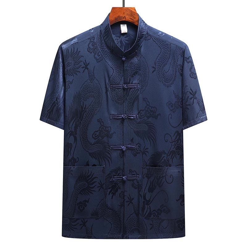 Dragon Pattern Tang Suit Hanfu Traditional Uniform Short Sleeve Top Pants Clothing Men's Set