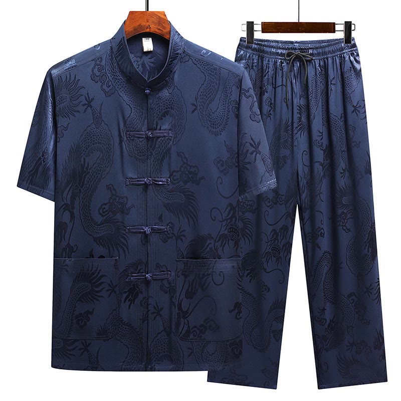 Dragon Pattern Tang Suit Hanfu Traditional Uniform Short Sleeve Top Pants Clothing Men's Set