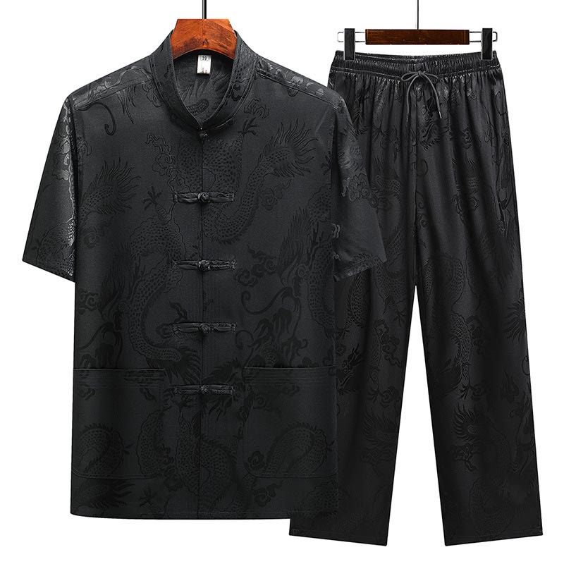 Dragon Pattern Tang Suit Hanfu Traditional Uniform Short Sleeve Top Pants Clothing Men's Set