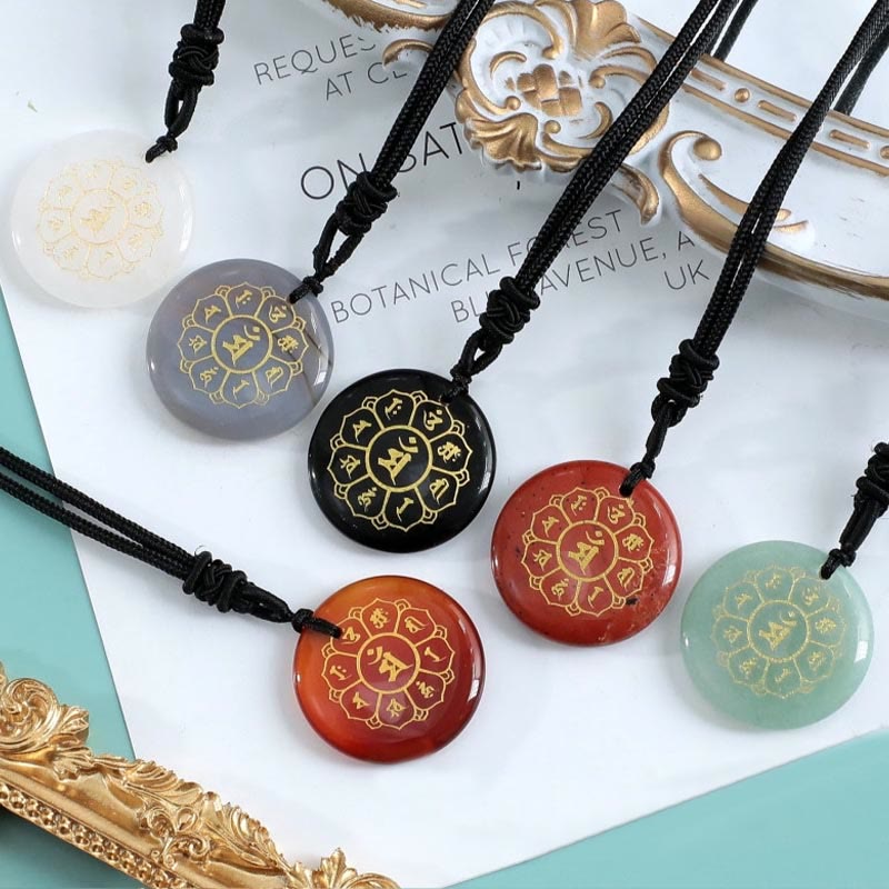 Om Mani Padme Hum Natural Various Crystal Black Obsidian Strength Necklace Pendant