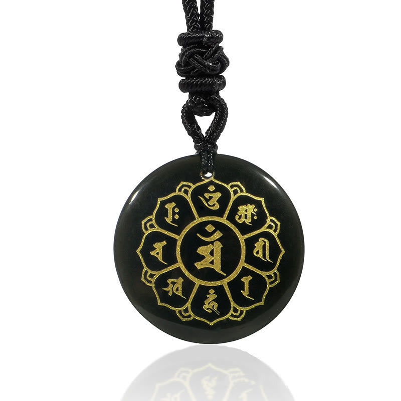 Om Mani Padme Hum Natural Various Crystal Black Obsidian Strength Necklace Pendant