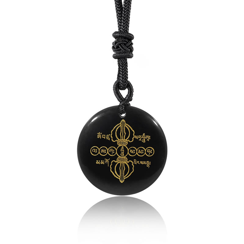 Vajra Dorje Sanskrit Pattern Natural Various Crystal Black Obsidian Fulfilment Necklace Pendant