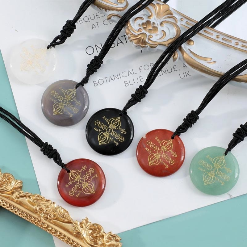 Vajra Dorje Sanskrit Pattern Natural Various Crystal Black Obsidian Fulfilment Necklace Pendant