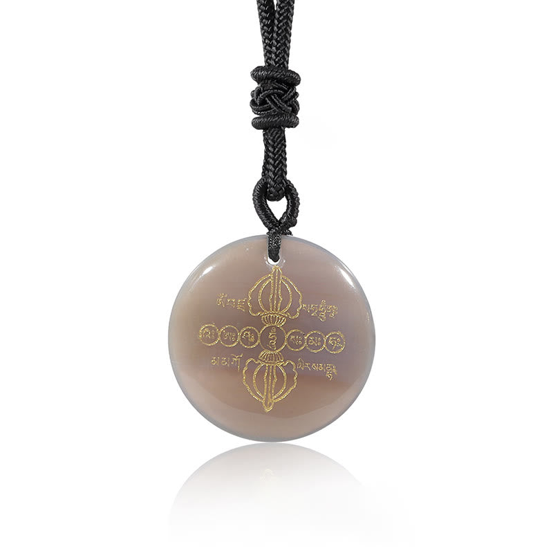 Vajra Dorje Sanskrit Pattern Natural Various Crystal Black Obsidian Fulfilment Necklace Pendant