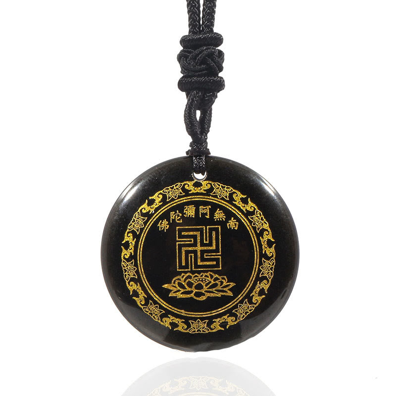 Swastika Lotus Pattern Natural Various Crystal Black Obsidian Purification Necklace Pendant