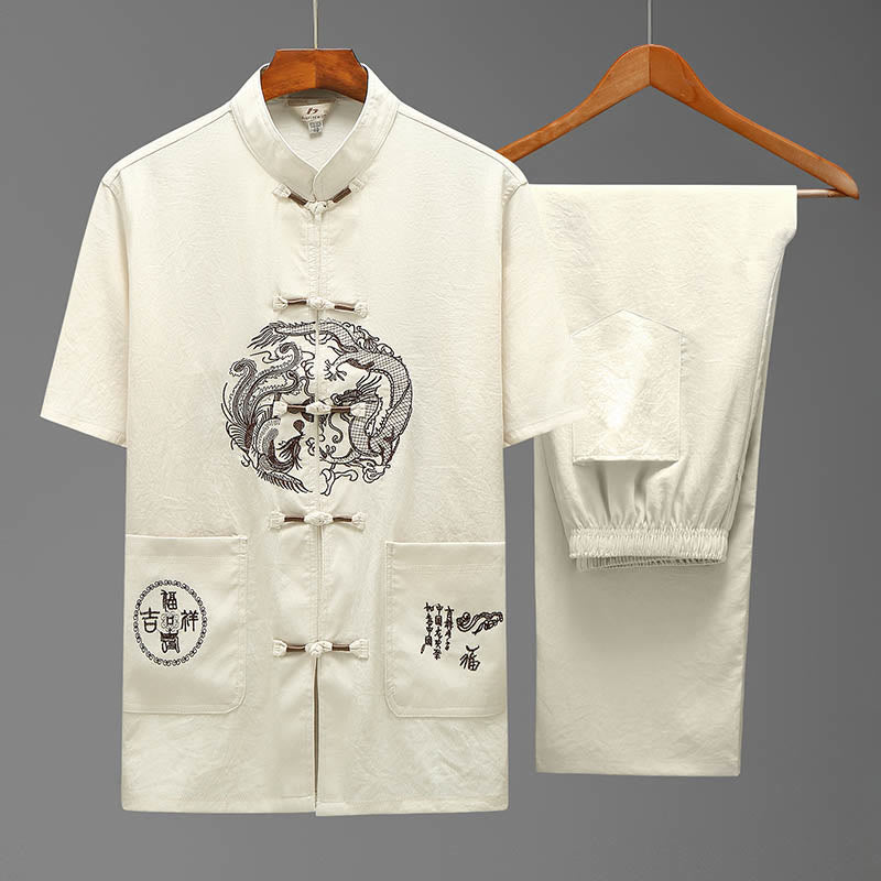Dragon Fu Character Tang Suit Traditional Short Sleeve Shirt Wide Leg Pants Clothing Men's Set