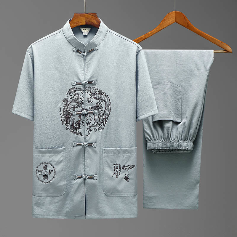 Dragon Fu Character Tang Suit Traditional Short Sleeve Shirt Wide Leg Pants Clothing Men's Set