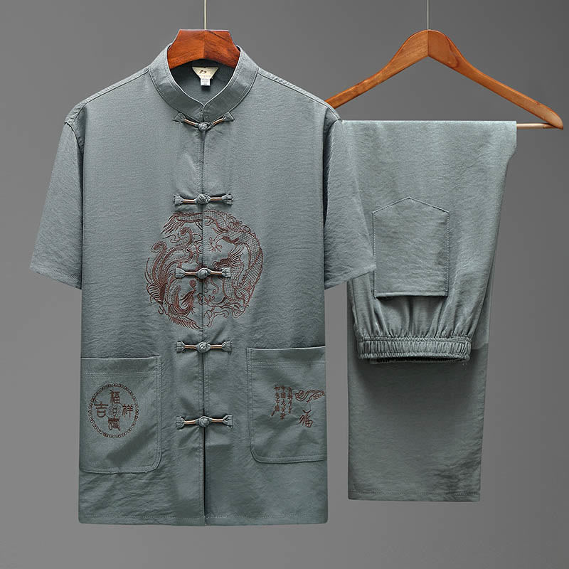 Dragon Fu Character Tang Suit Traditional Short Sleeve Shirt Wide Leg Pants Clothing Men's Set