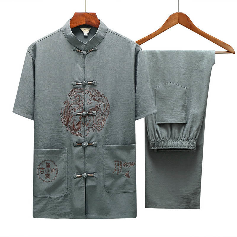 Dragon Fu Character Tang Suit Traditional Short Sleeve Shirt Wide Leg Pants Clothing Men's Set