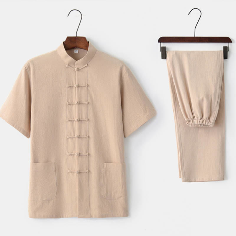 Solid Color Frog-Button Tang Suit Traditional Cotton Linen Short Sleeve Top Pants Clothing Men's Set