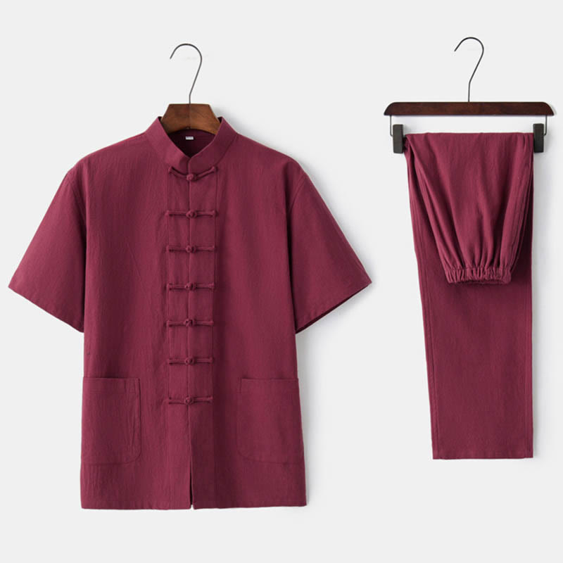 Solid Color Frog-Button Tang Suit Traditional Cotton Linen Short Sleeve Top Pants Clothing Men's Set