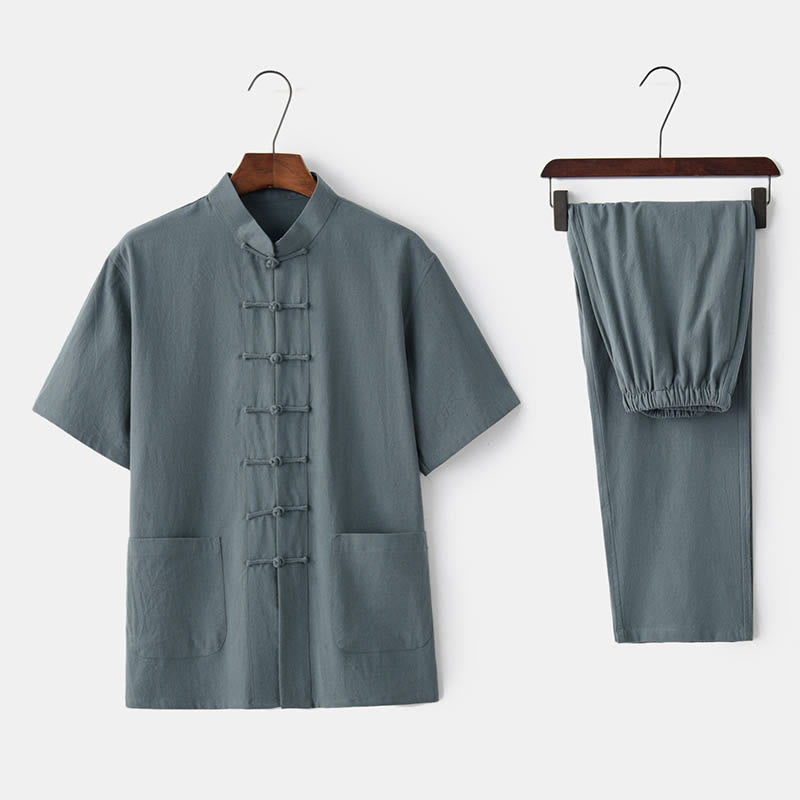 Solid Color Frog-Button Tang Suit Traditional Cotton Linen Short Sleeve Top Pants Clothing Men's Set