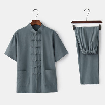 Solid Color Frog-Button Tang Suit Traditional Cotton Linen Short Sleeve Top Pants Clothing Men's Set