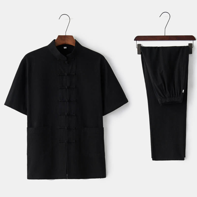 Solid Color Frog-Button Tang Suit Traditional Cotton Linen Short Sleeve Top Pants Clothing Men's Set