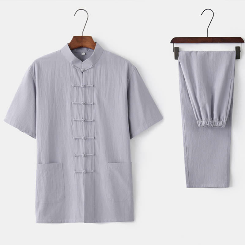Solid Color Frog-Button Tang Suit Traditional Cotton Linen Short Sleeve Top Pants Clothing Men's Set