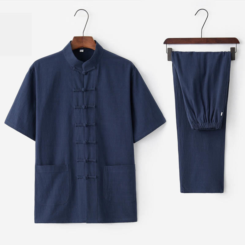 Solid Color Frog-Button Tang Suit Traditional Cotton Linen Short Sleeve Top Pants Clothing Men's Set