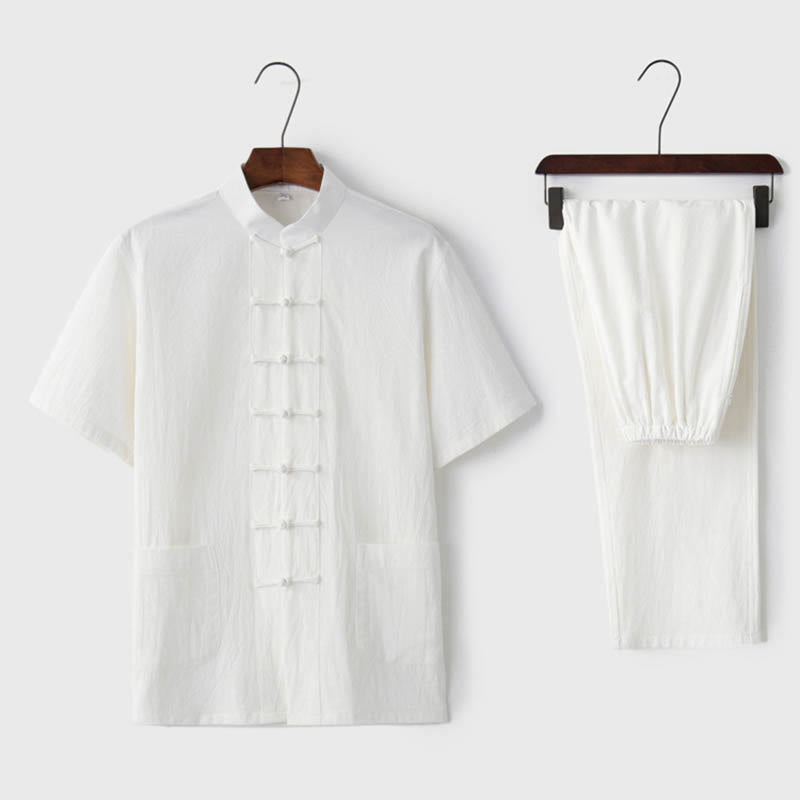 Solid Color Frog-Button Tang Suit Traditional Cotton Linen Short Sleeve Top Pants Clothing Men's Set
