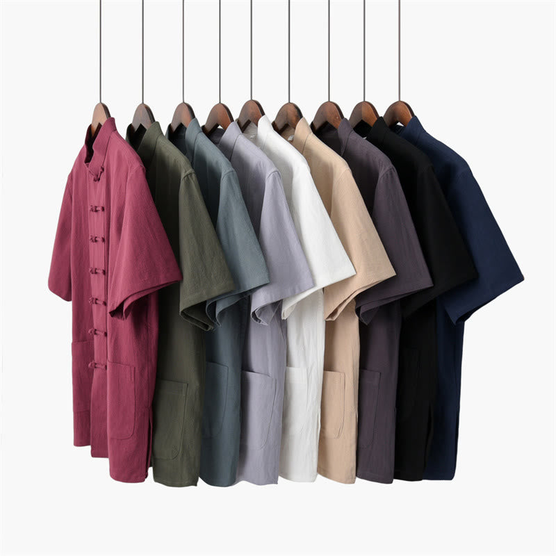 Solid Color Frog-Button Tang Suit Traditional Cotton Linen Short Sleeve Top Pants Clothing Men's Set