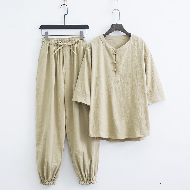 Breathable Cotton Linen Frog Button Men's Meditation Set