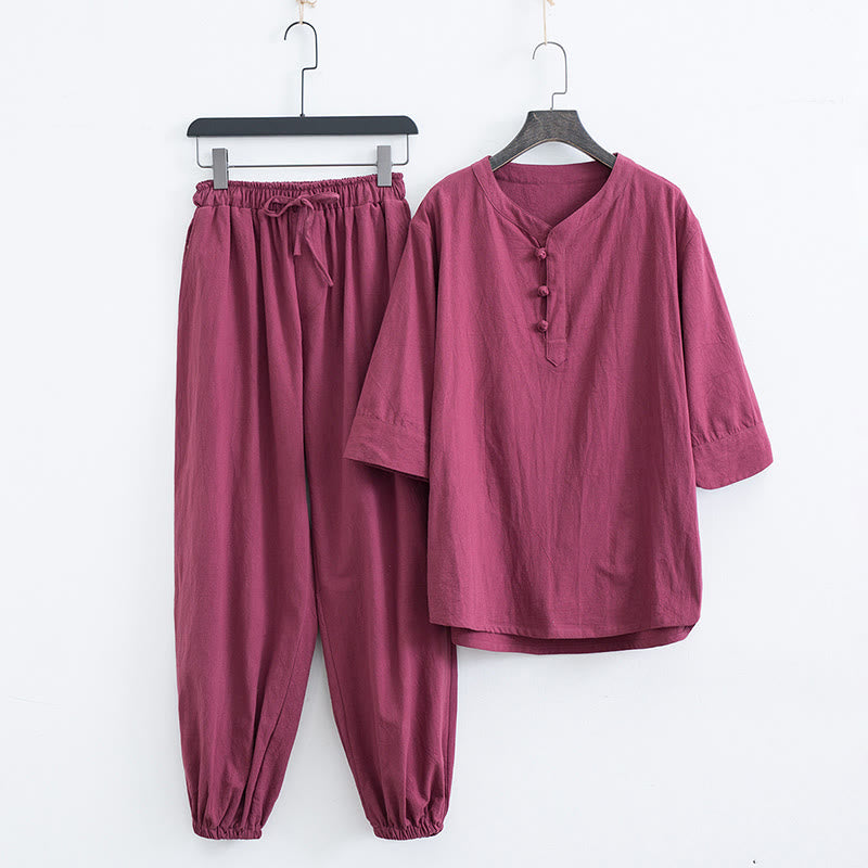 Breathable Cotton Linen Frog Button Men's Meditation Set
