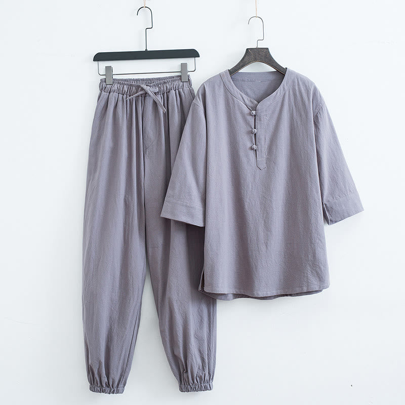 Breathable Cotton Linen Frog Button Men's Meditation Set