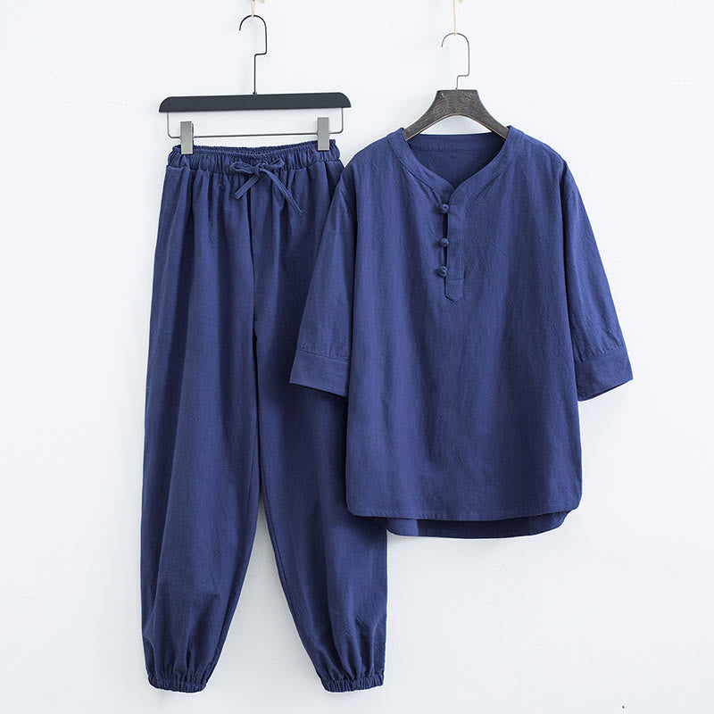 Breathable Cotton Linen Frog Button Men's Meditation Set