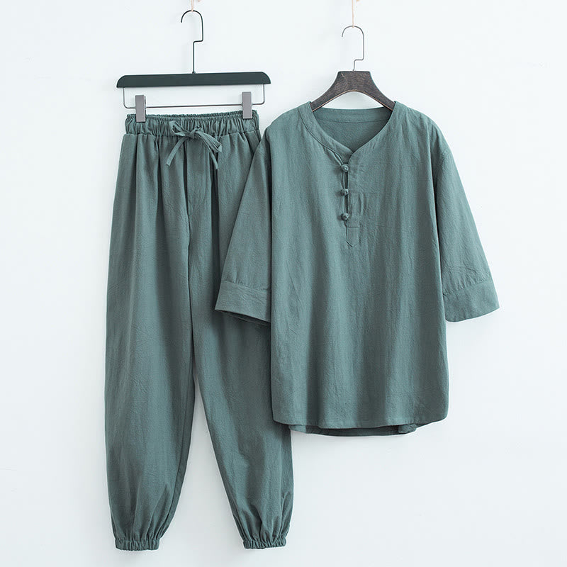 Breathable Cotton Linen Frog Button Men's Meditation Set
