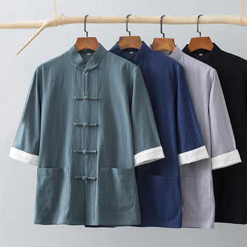 Tactile Cotton Stand Collar Frog Button Meditation Shirt
