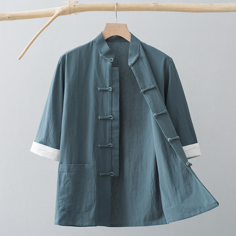 Tactile Cotton Stand Collar Frog Button Meditation Shirt