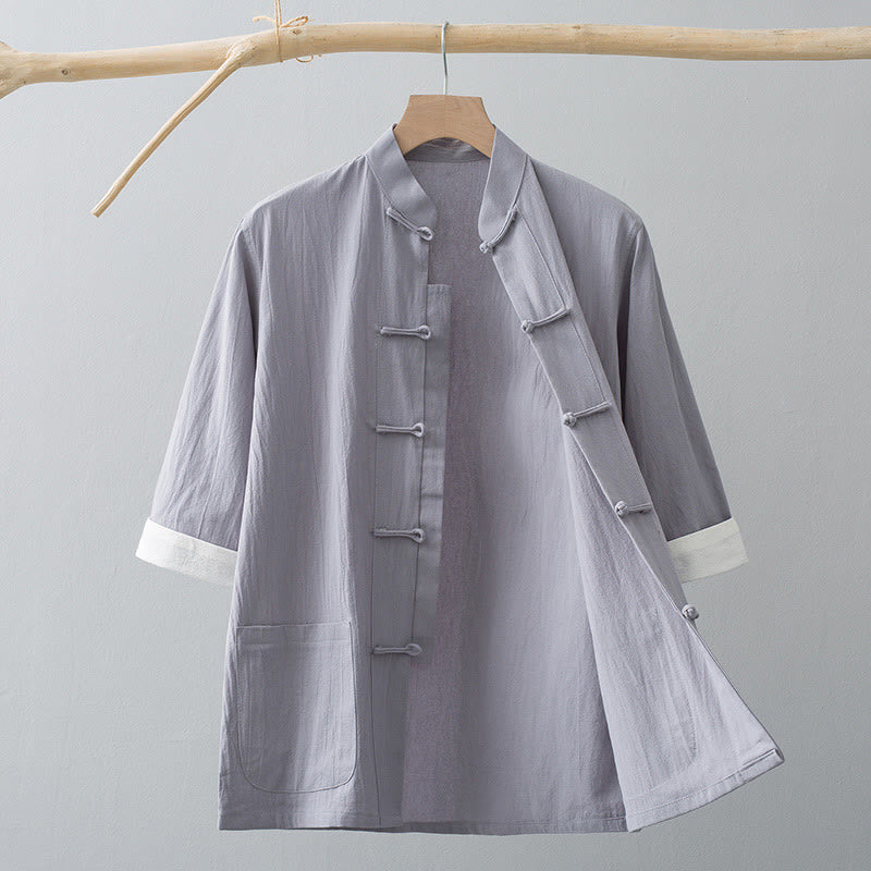 Tactile Cotton Stand Collar Frog Button Meditation Shirt