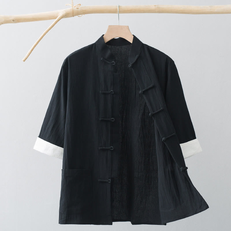 Tactile Cotton Stand Collar Frog Button Meditation Shirt