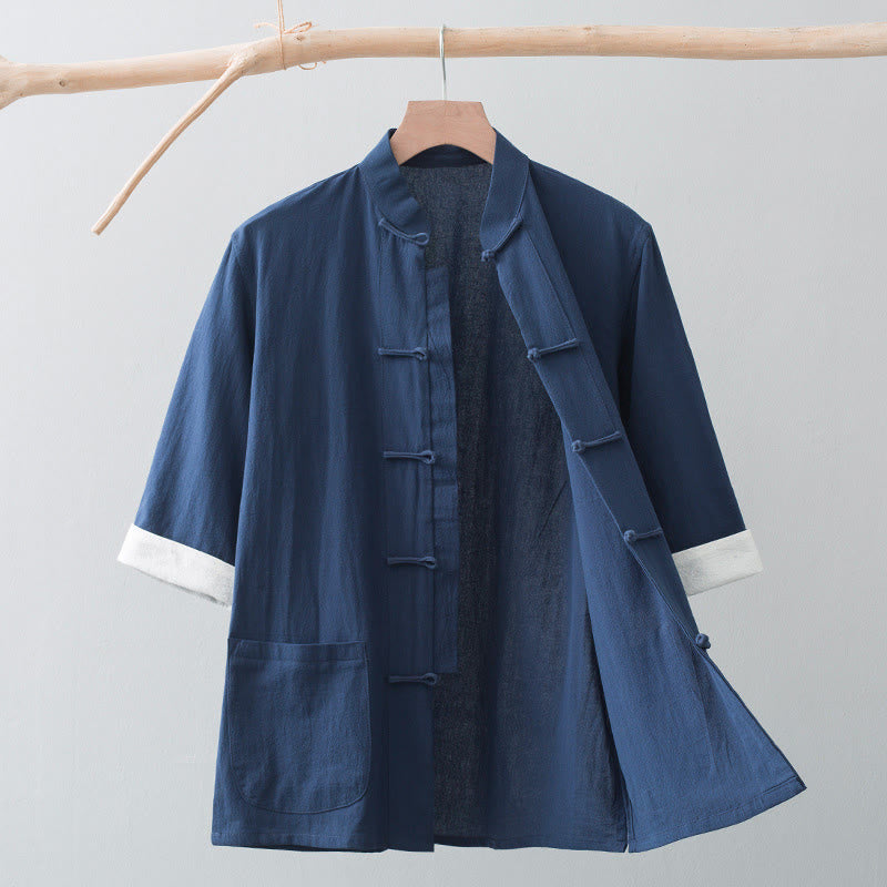 Tactile Cotton Stand Collar Frog Button Meditation Shirt