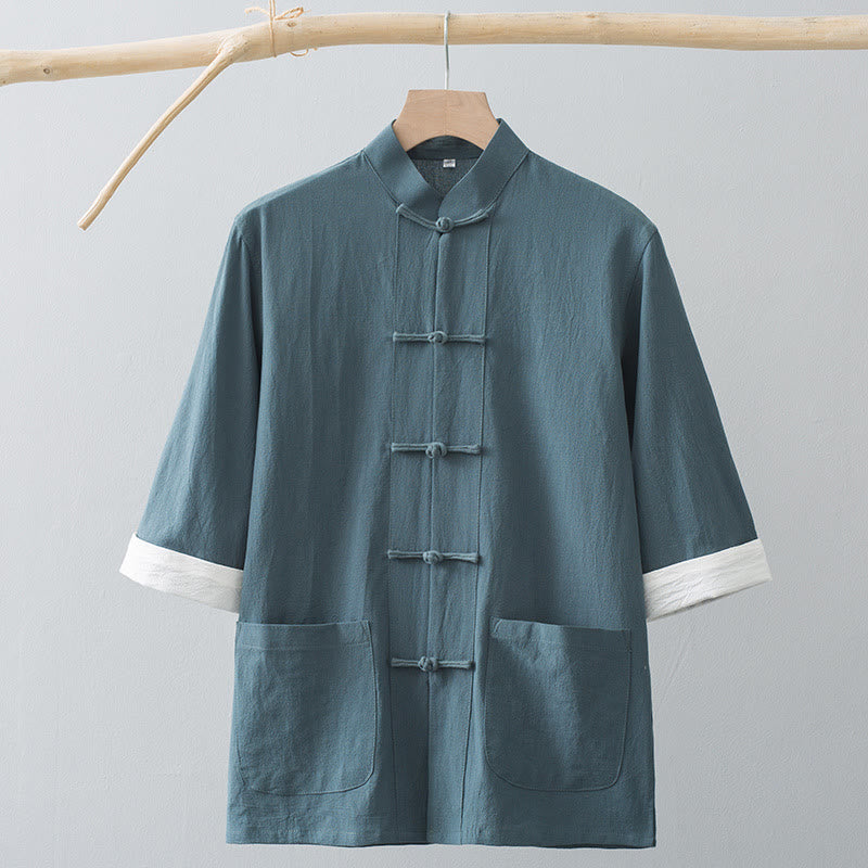 Tactile Cotton Stand Collar Frog Button Meditation Shirt