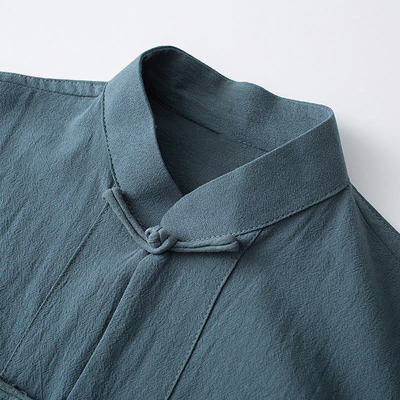 Tactile Cotton Stand Collar Frog Button Meditation Shirt
