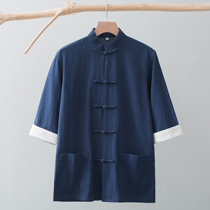 Tactile Cotton Stand Collar Frog Button Meditation Shirt