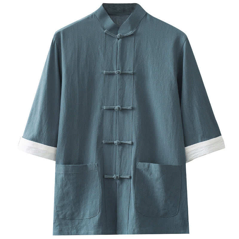 Tactile Cotton Stand Collar Frog Button Meditation Shirt