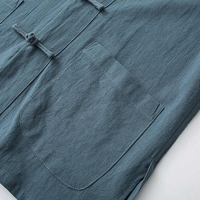Tactile Cotton Stand Collar Frog Button Meditation Shirt