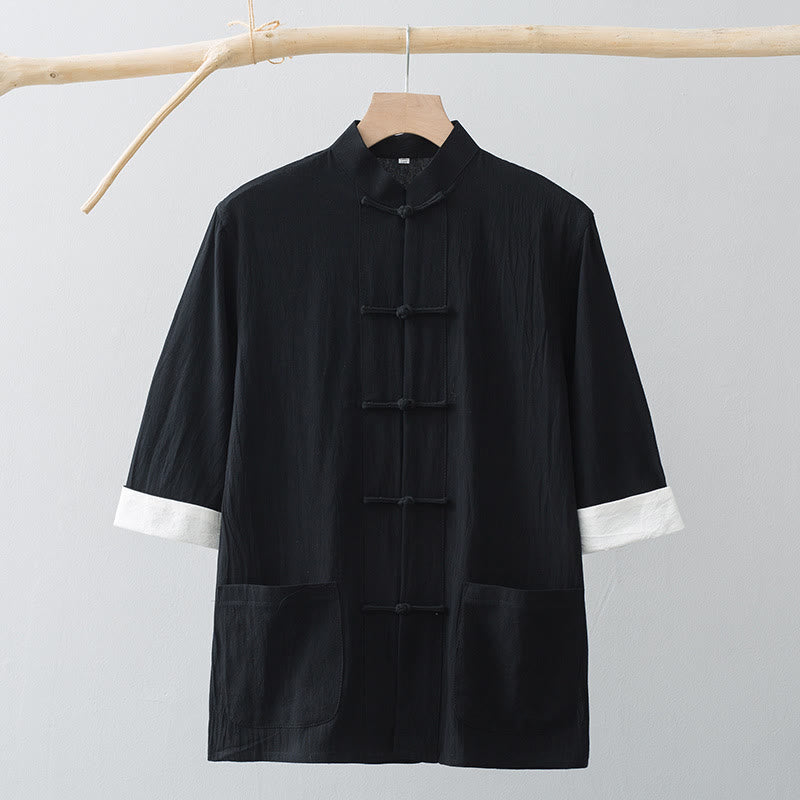 Tactile Cotton Stand Collar Frog Button Meditation Shirt