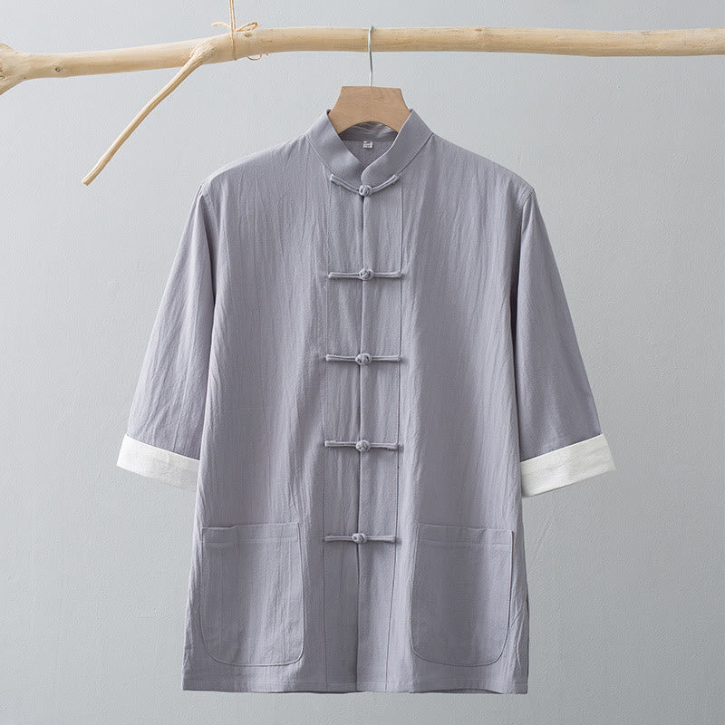 Tactile Cotton Stand Collar Frog Button Meditation Shirt