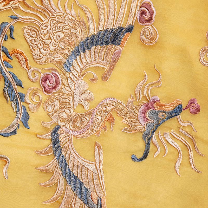 Mulberry Silk Organza Yellow Phoenix Embroidered Qipao Dress