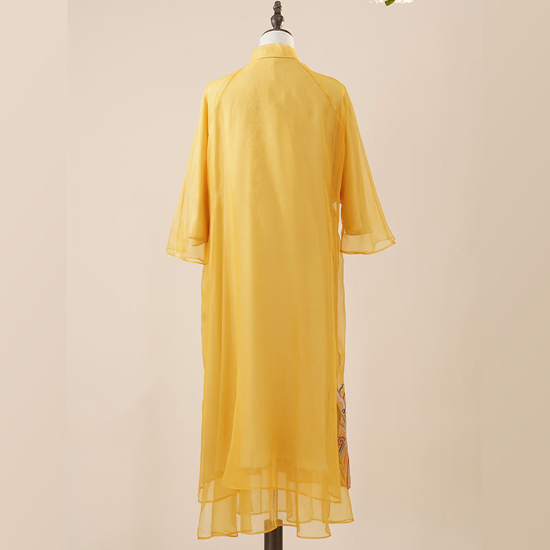 Mulberry Silk Organza Yellow Phoenix Embroidered Qipao Dress