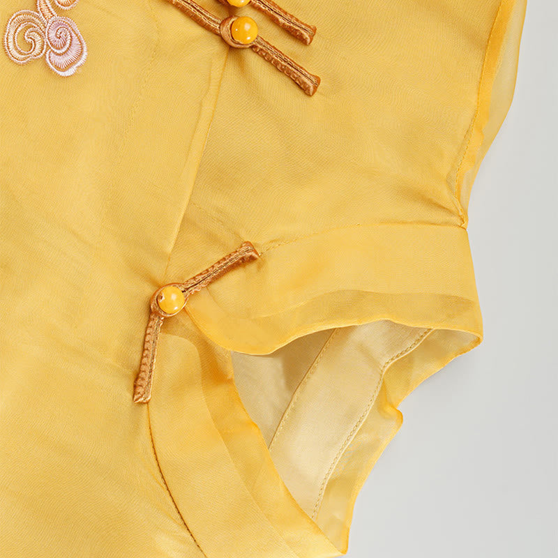 Mulberry Silk Organza Yellow Phoenix Embroidered Qipao Dress